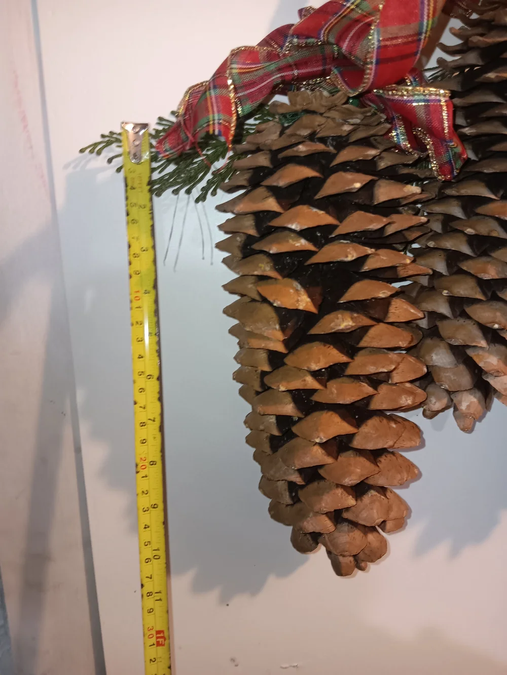 4 Natural Brown Sugar Pinecone Holiday Hanging Ornament with Red Plaid Ribbon